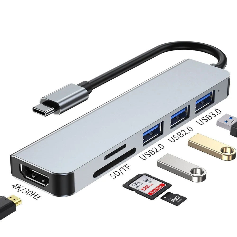 Portable 6-in-1 expansion dock with Type-C connector and compact 13.5cm cable length