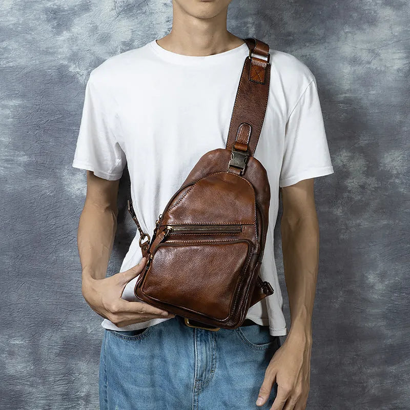 Men's genuine leather chest crossbody messenger bag retro hand-rubbed finish 8-inch black colour