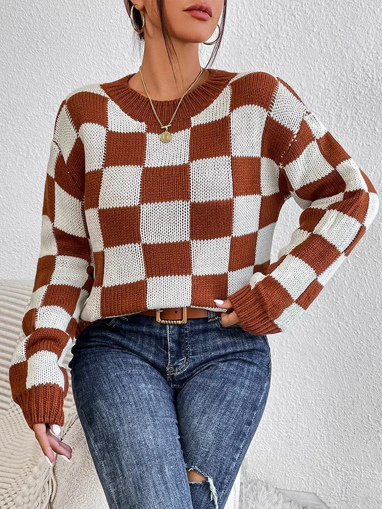 Dark brown chessboard plaid women's pullover sweater with loose round neck and long sleeves