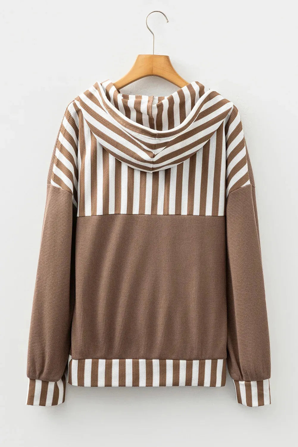 Straw yellow waffle texture striped hoodie with patchwork panels and button neck closure