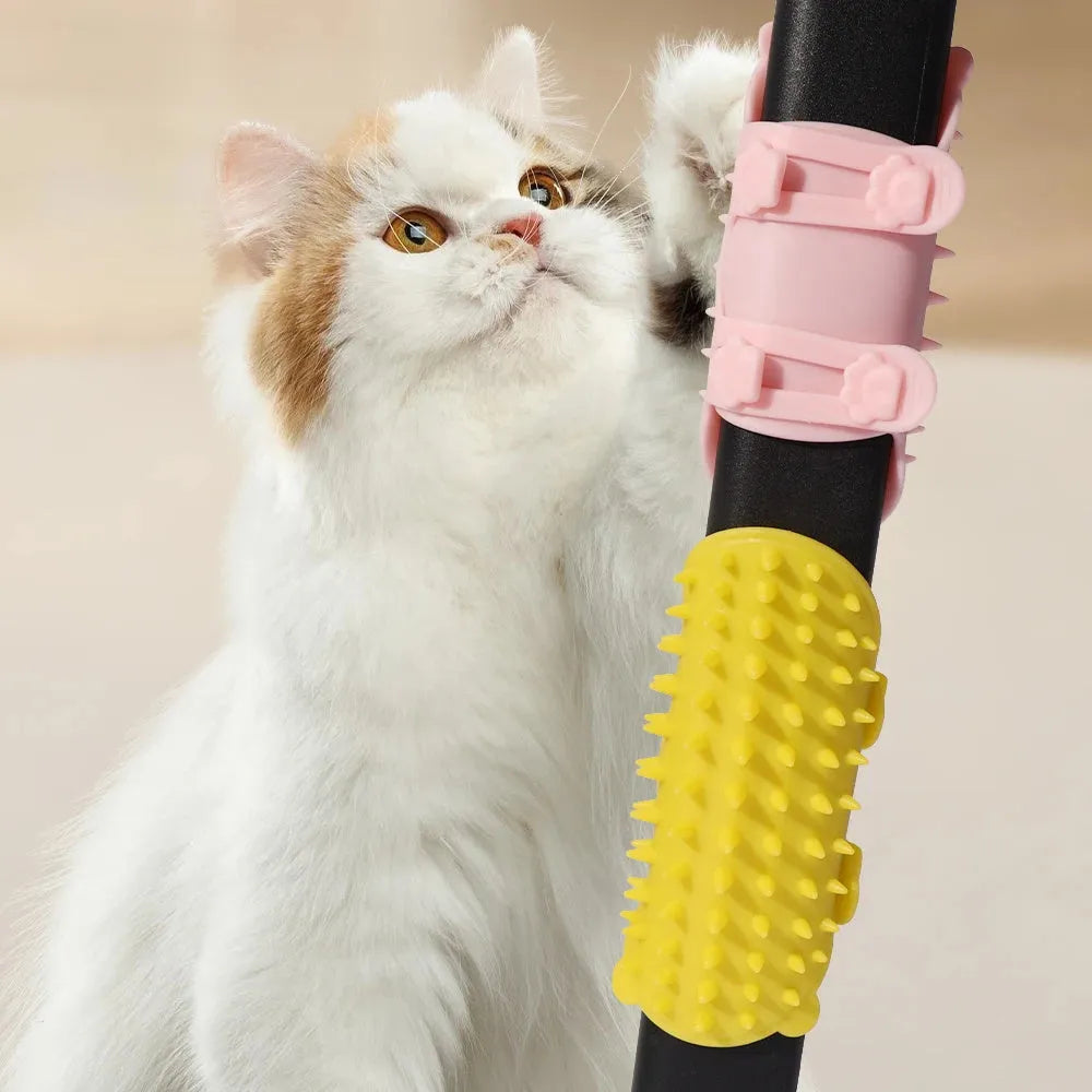 Silicone cat grooming brush with adjustable strap and rounded comb teeth in four colour options