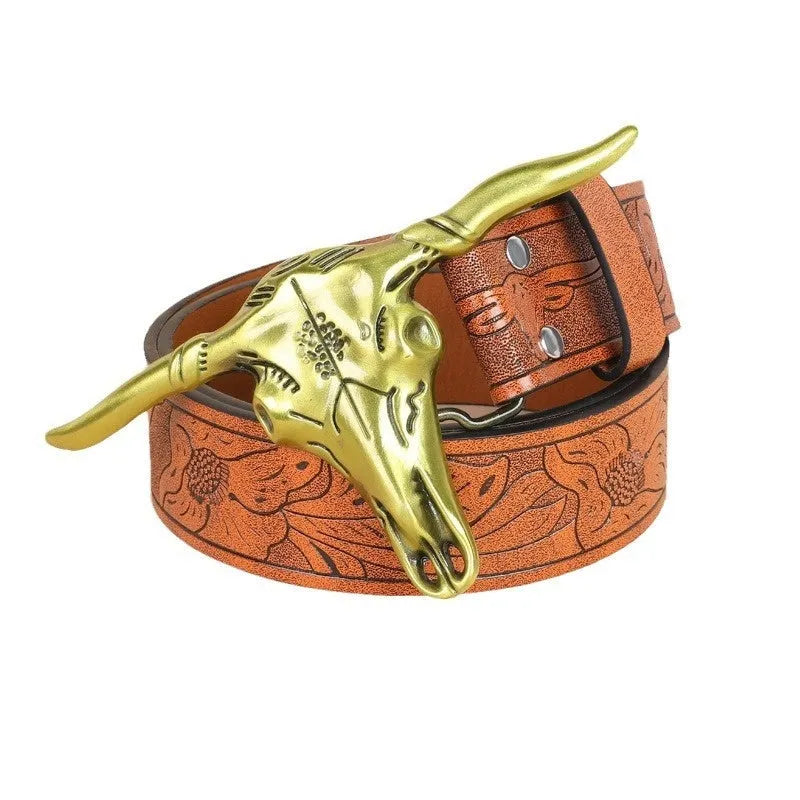 Men's imitation leather belt with detailed alloy cowboy head buckle in black or brown colours