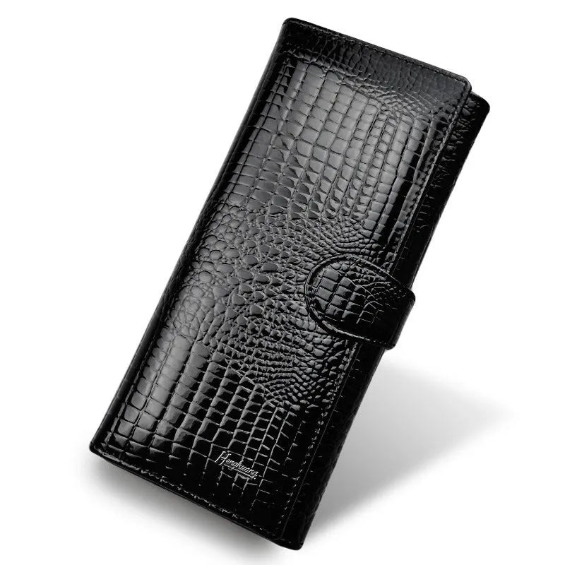 Women's leather coin purse with patent leather crocodile pattern texture in wine red colour