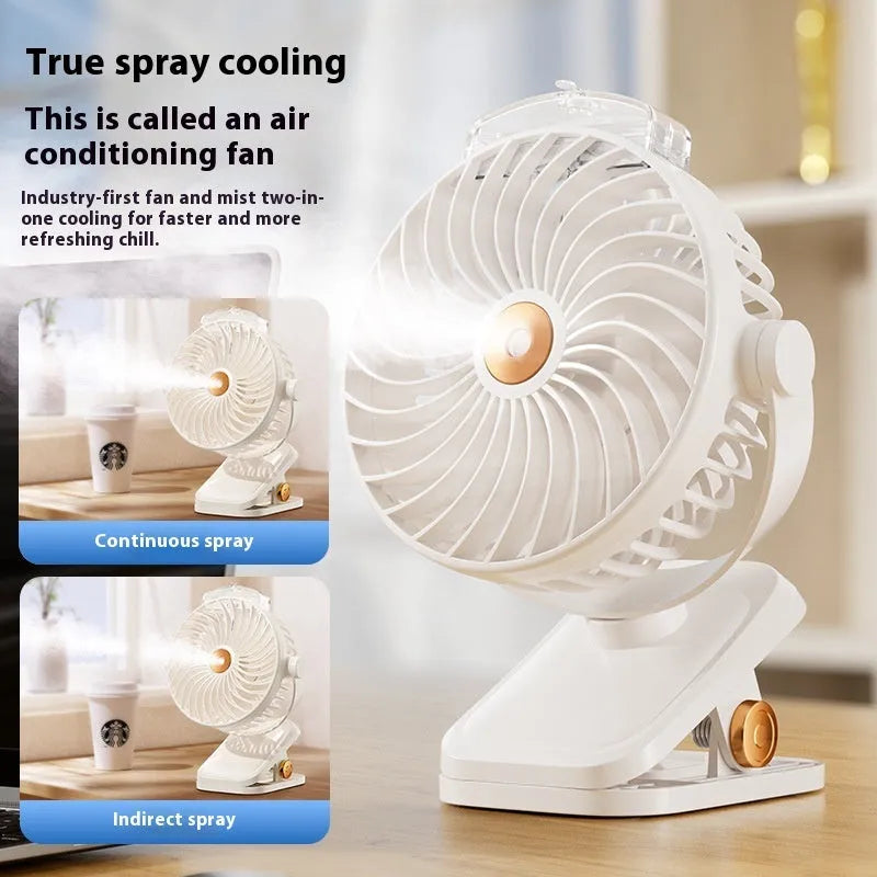 White portable USB rechargeable clip fan with spray mist, brushless motor, and 5 speed modes on a desk