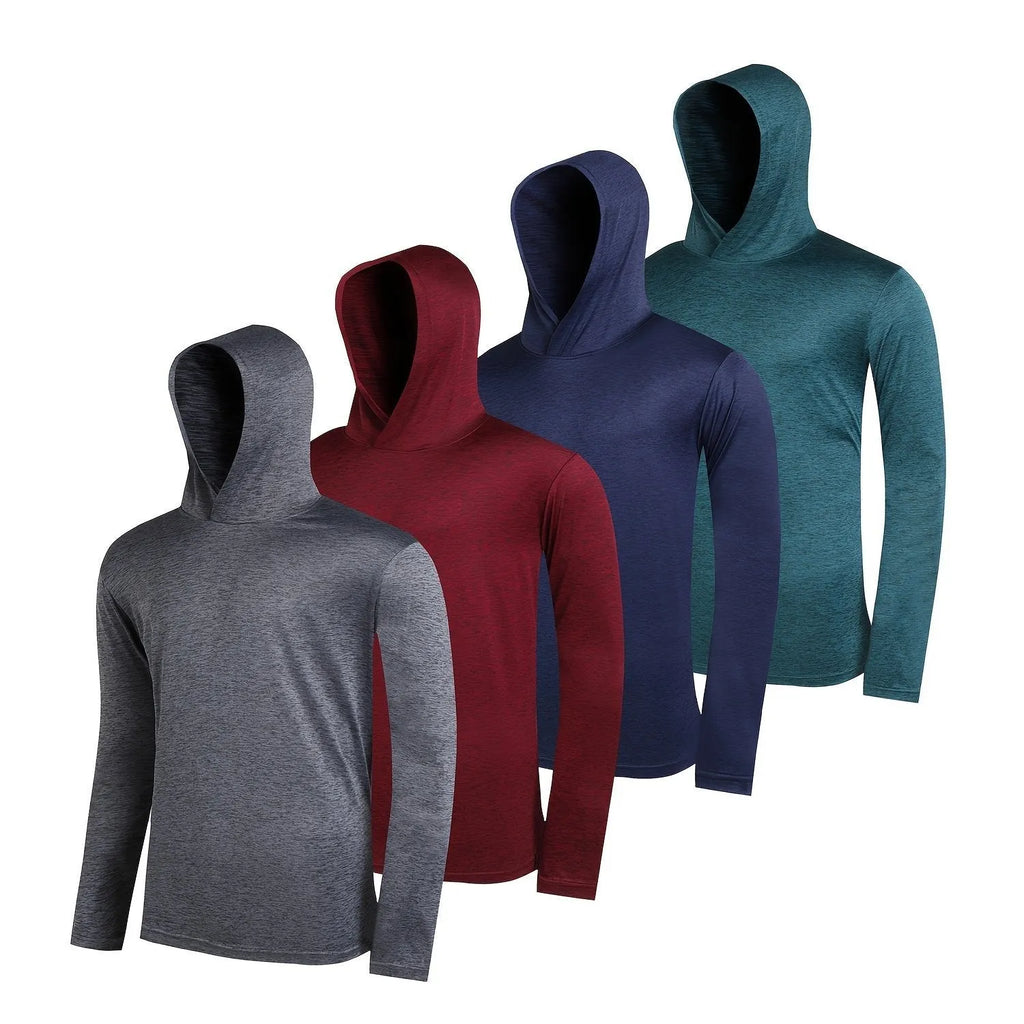 Four men's lightweight hoodies folded, showing elastic polyester fabric in a solid colour.