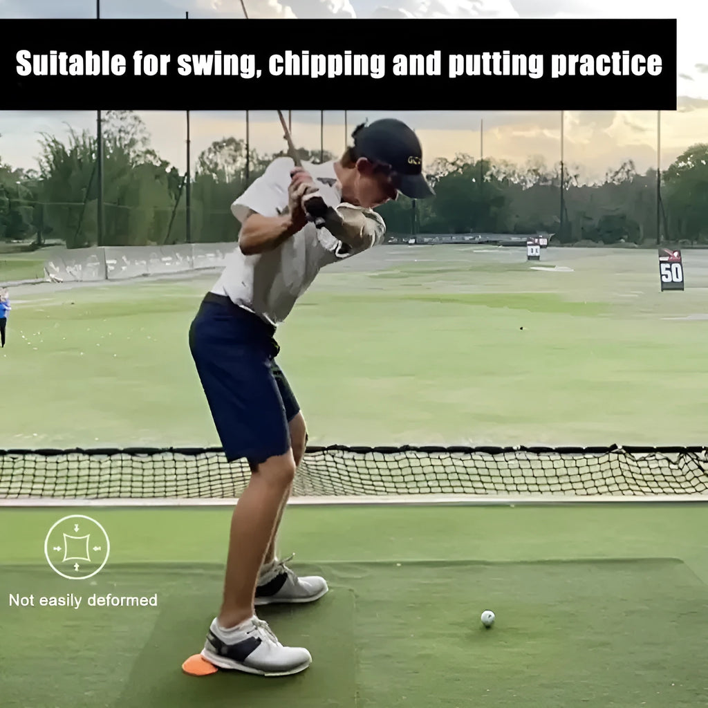 Orange natural rubber golf training mat with centre of gravity trainer for swing practice