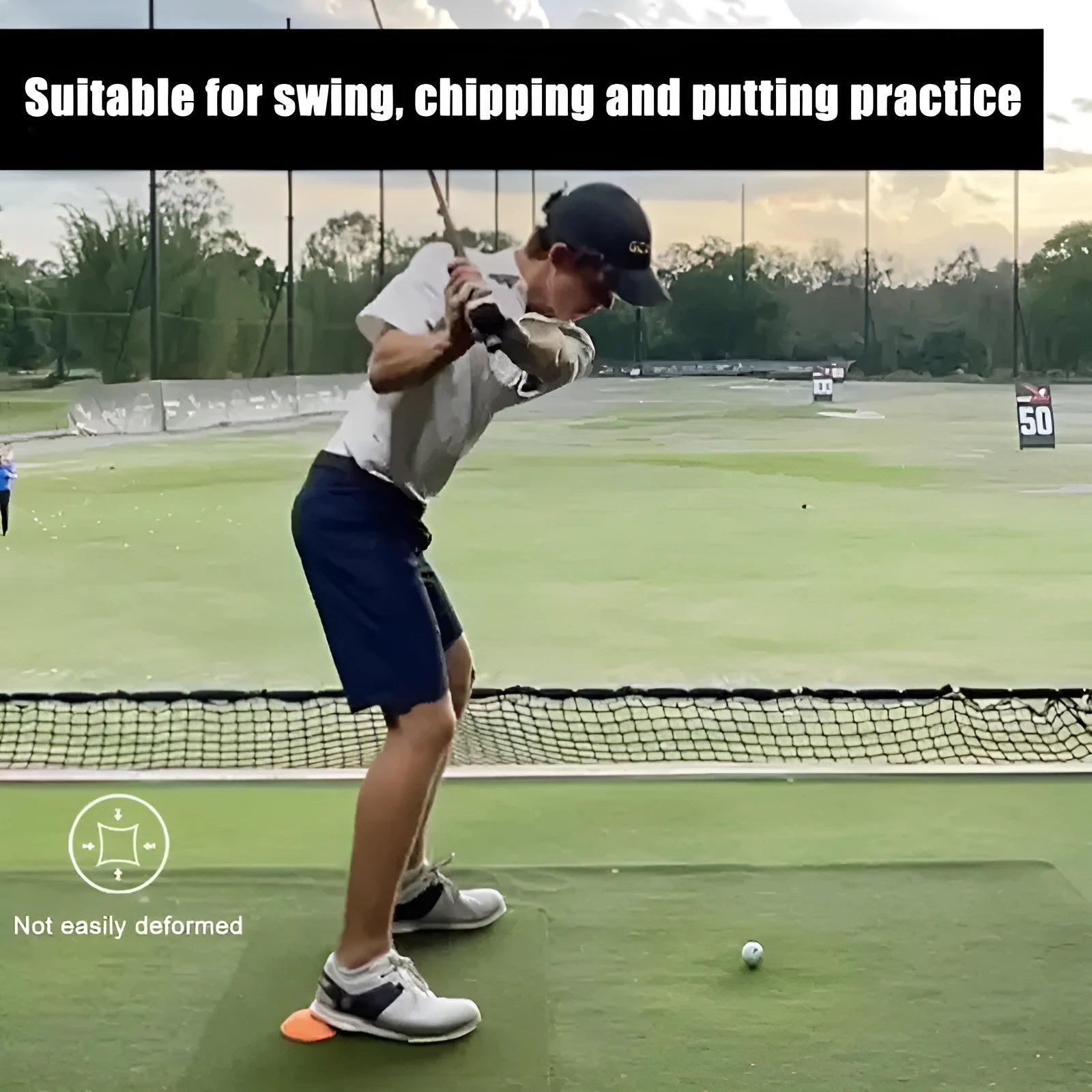 Orange natural rubber golf training mat with centre of gravity trainer for swing practice