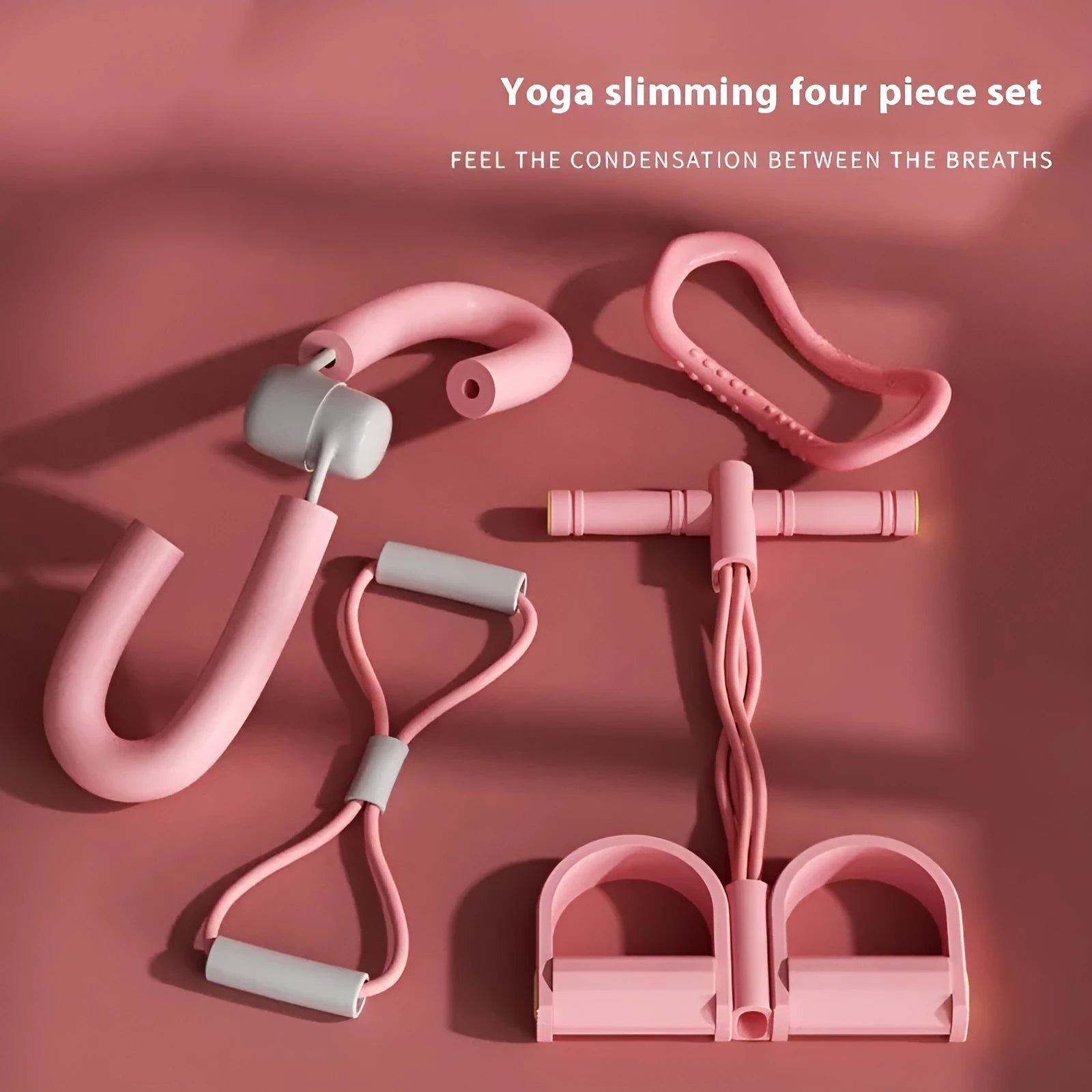 Yoga four piece set with leg stretching device, yoga ring, pedal tensioner and figure eight tension rope