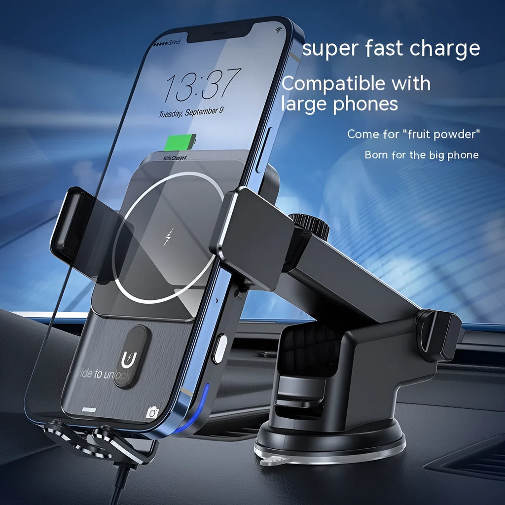 Black car wireless charging phone holder showing 15W charging with suction cup and clip mounting options