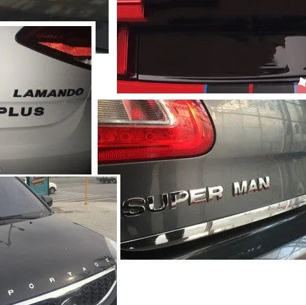 3D metal car bumper sticker showing dimensional English letter on car surface