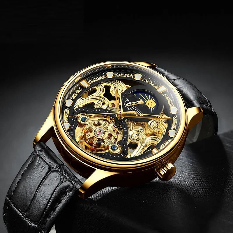 Men's gold leather automatic mechanical watch with waterproof business design