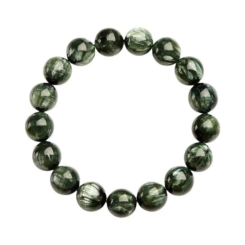 Natural green Grade 7A Dragon Crystal bracelet with 8-9mm round beads and a Ruyi design element.