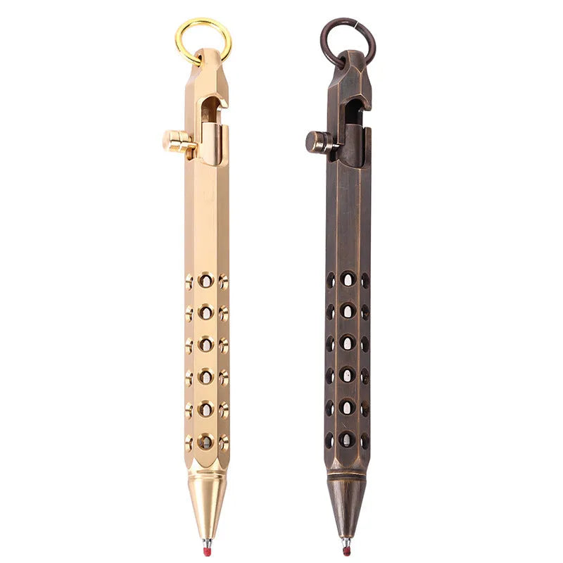 Brass hexagonal bolt pen with 6-angle design showing length and diameter dimensions