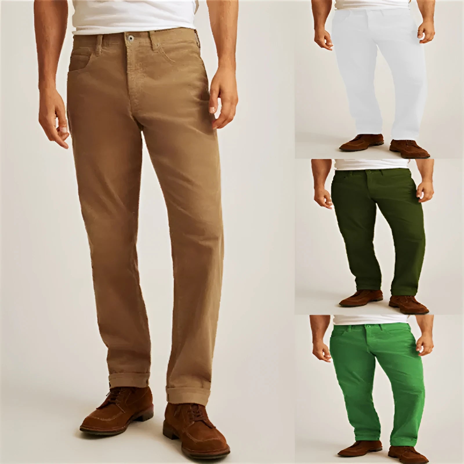 Men's loose fit straight leg corduroy trousers in Army Green colour.