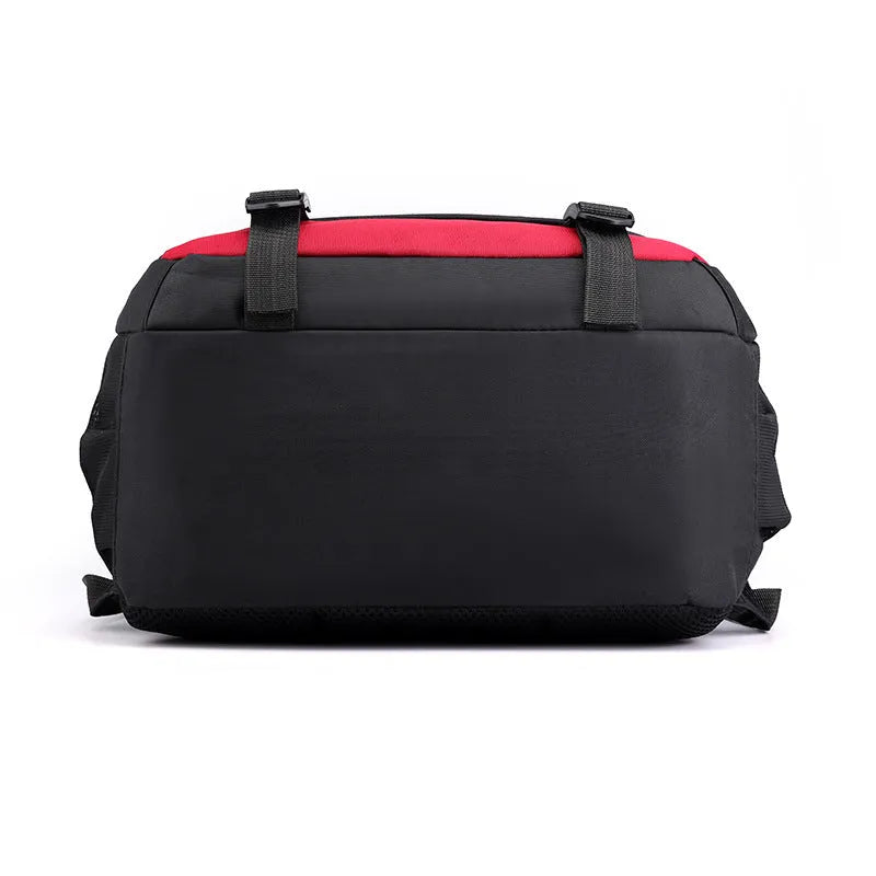Nylon waterproof schoolbag with airpillow straps, in black, blue, gray, and red colours