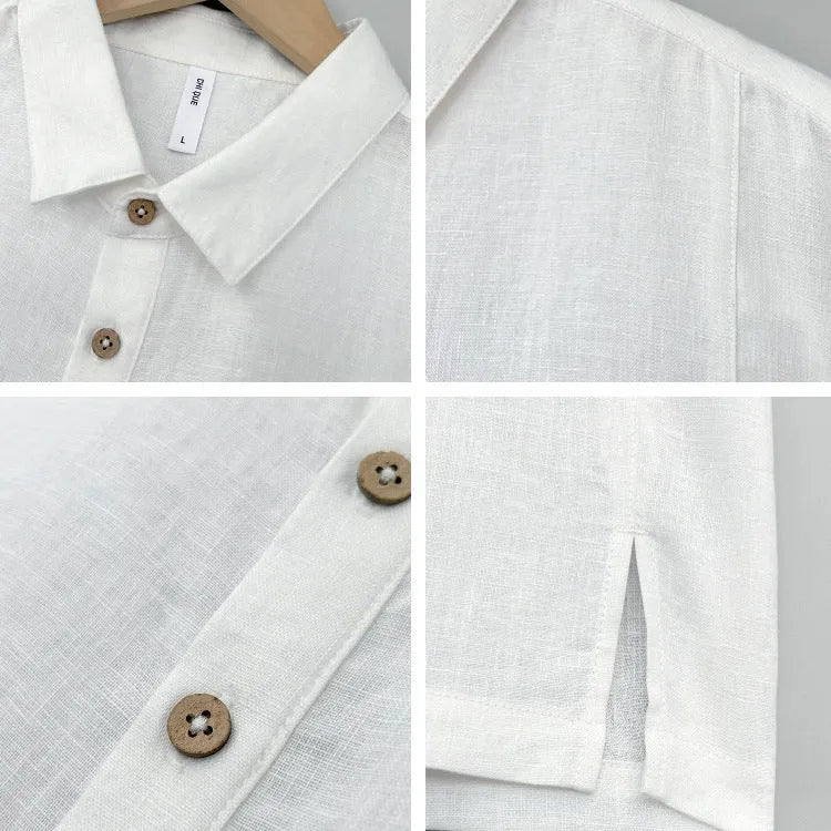 Men's linen summer top with thin lapels, short sleeves, and loose fit shown in available colours.