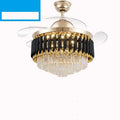 LED crystal chandelier ceiling fan light with wooden blades and remote control on a white ceiling.