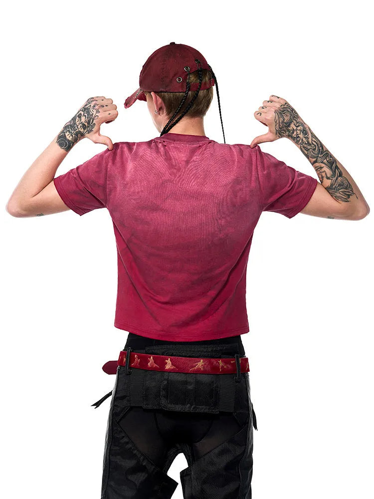 Men's summer slim-fit red short sleeve t-shirt with spray dirty washed distressed finish, round neck, daily casual wear