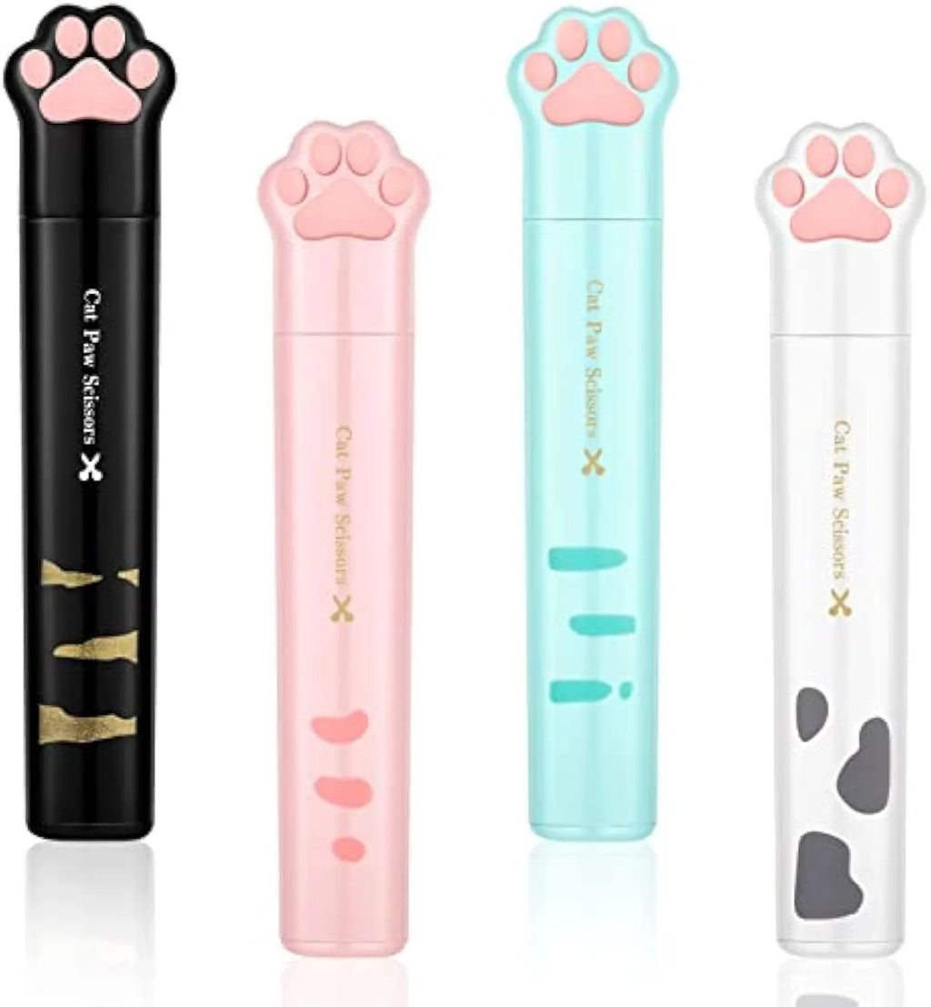 Cat paw mini folding craft scissors in four colours: black, blue, pink, and white, showing closed and open positions.