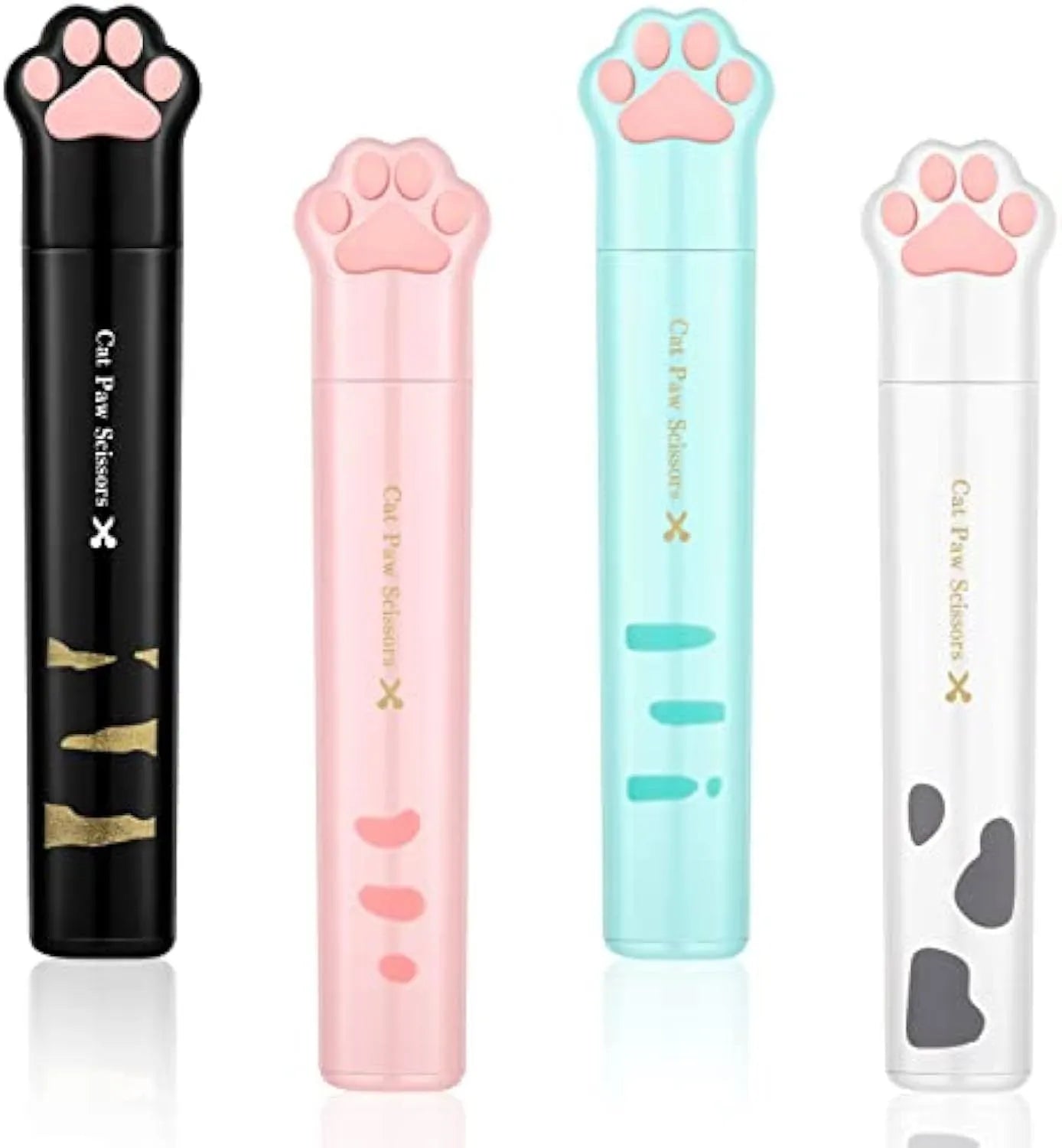 Cat paw mini folding craft scissors in four colours: black, blue, pink, and white, showing closed and open positions.