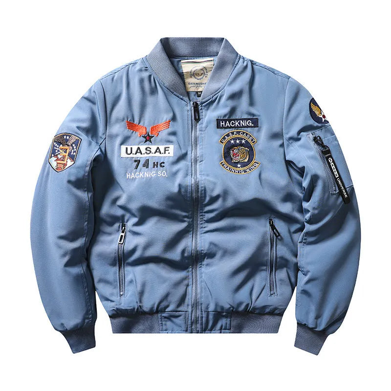 Men's slim-fit stand collar motorcycle coat in retro embroidery style with patch pockets