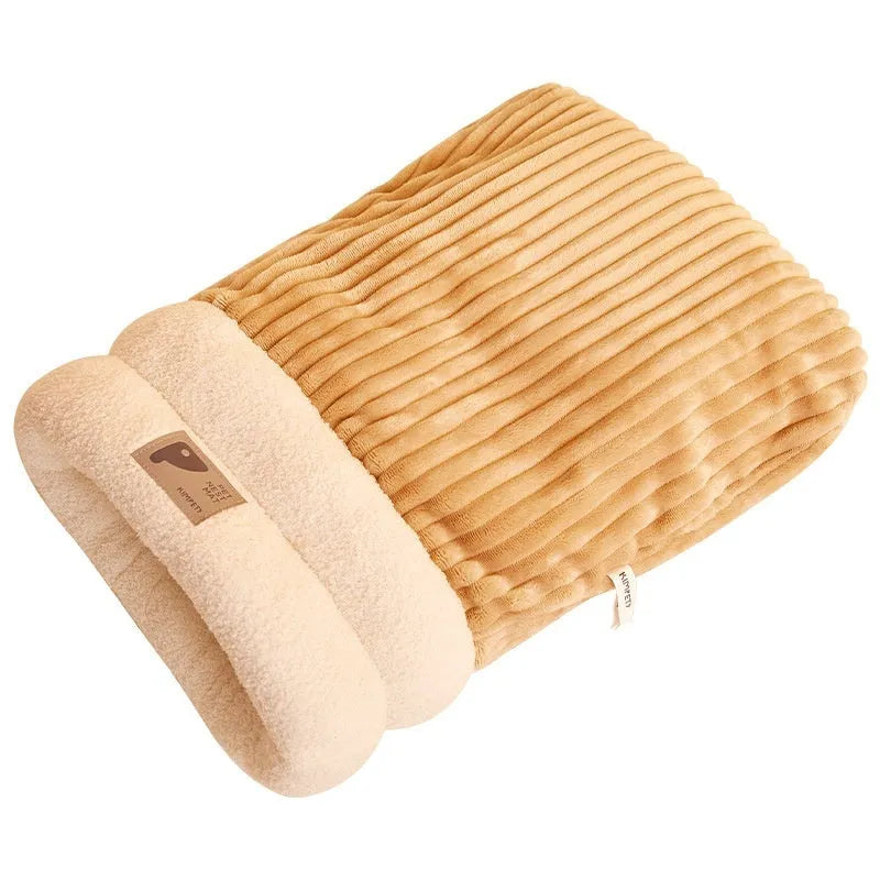 Soft plush semi-enclosed cat sleeping bag in brown with three-layer thickened design for winter warmth