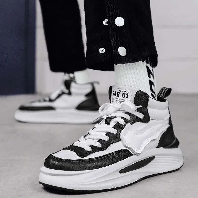 Men's black and white high-top platform casual shoes with a round toe and PU leather upper.
