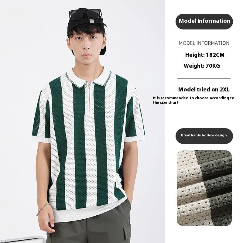 Men's striped short sleeve sweater with chest zipper details in ice silk viscose fabric