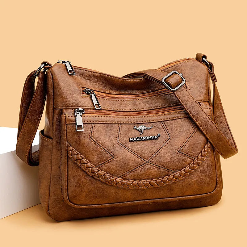 Women's soft leather crossbody shoulder bag in horizontal square design with large capacity