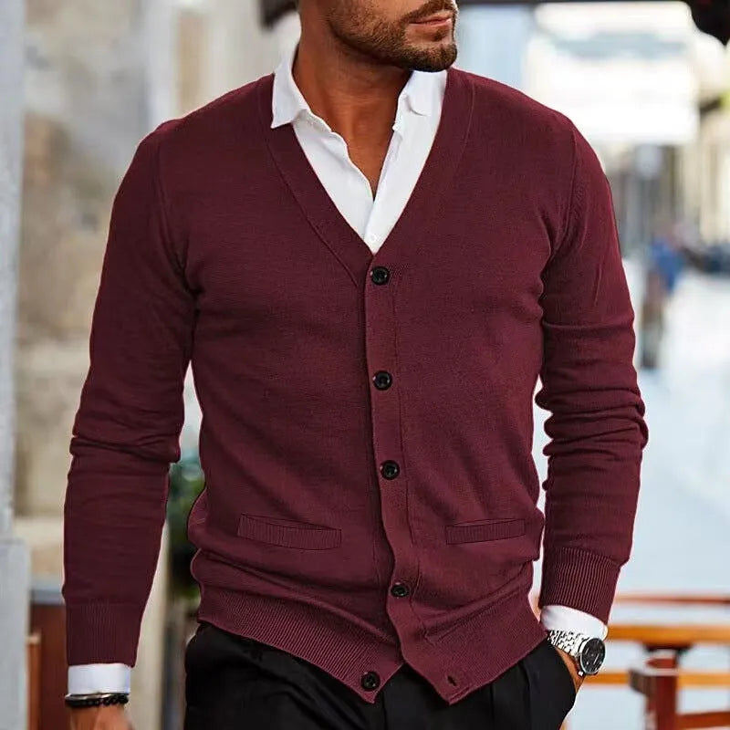 Men's slim fit acrylic cardigan sweater in beige colour on a hanger