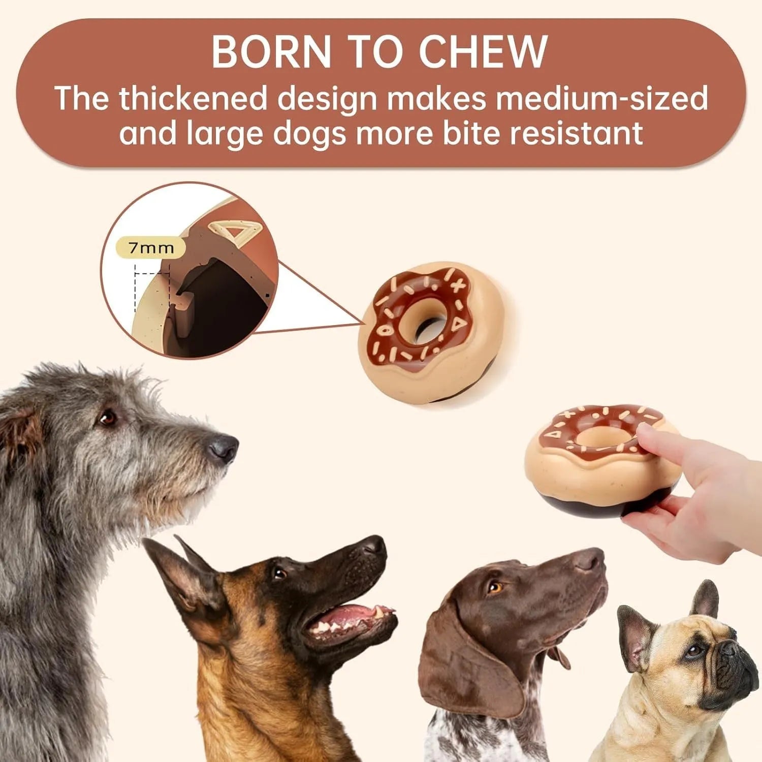 Donut-shaped dog chew toy in Coffee colour with embossed surface on a plain background