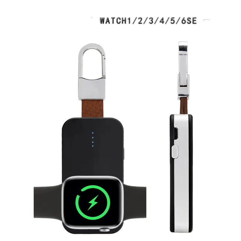 Black Apple Watch portable power bank keychain charger with wireless charging capability