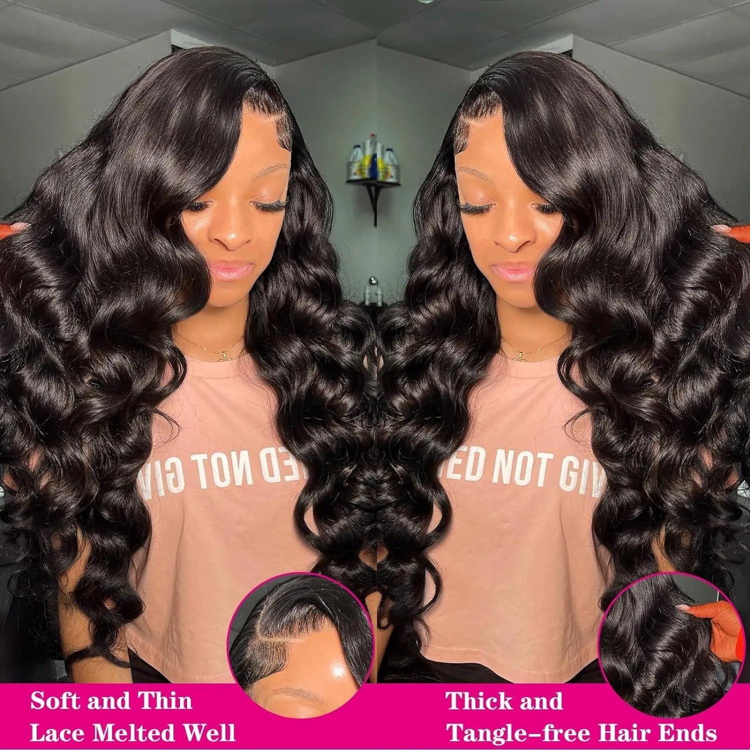 Black synthetic medium-long curly wig with lace front and heat-resistant fibres