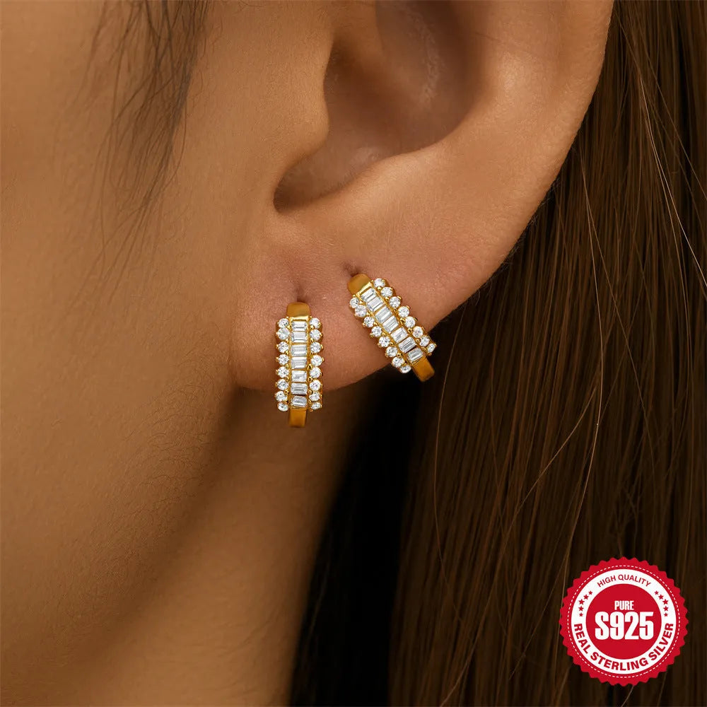 Sterling silver geometric stud earrings with small round diamond drop in gold or silver finish