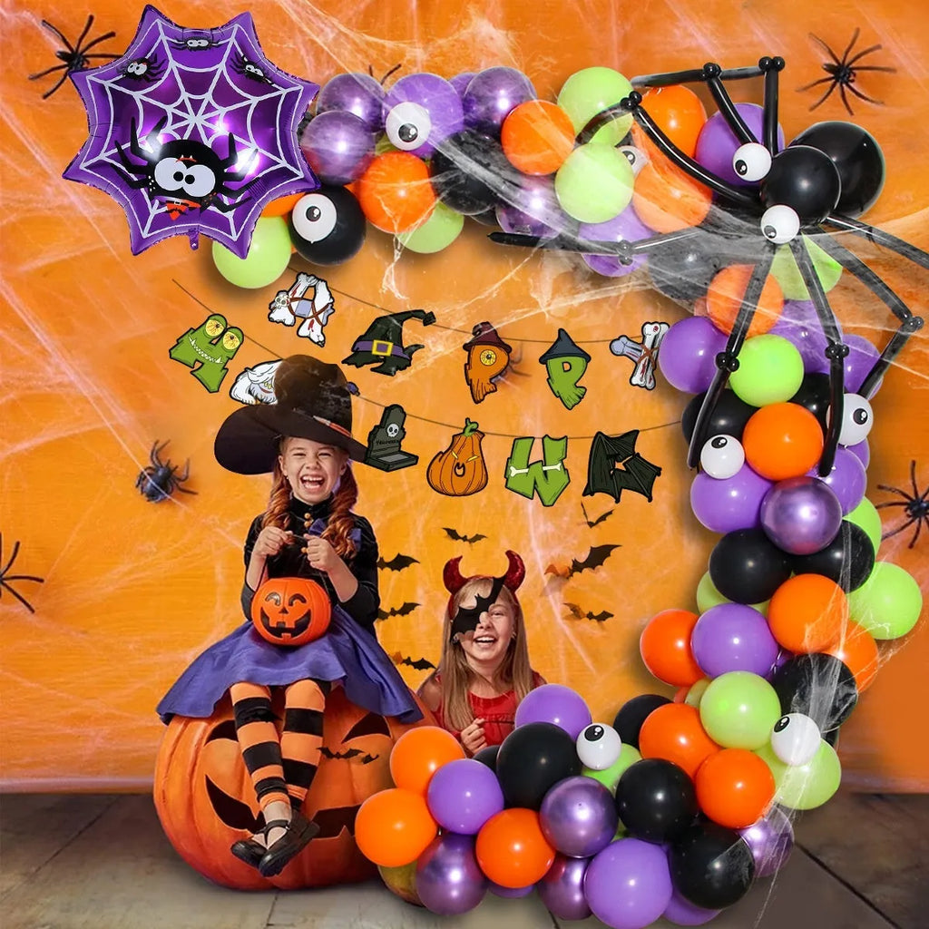 Halloween balloon combo showing white and black skull pumpkin and spider arch latex decorations