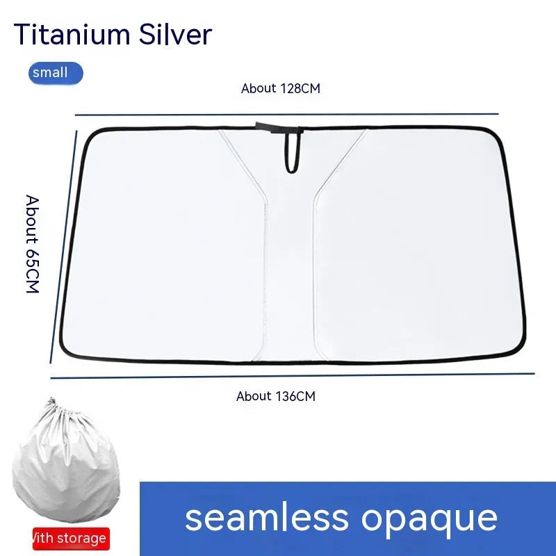 Car front shield sunshade with double elastic loops and titanium silver reflective surface