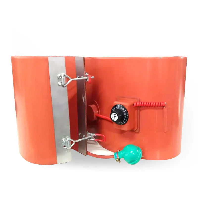 Silicone rubber heating belt wrapped around a 200-litre oil drum with digital control display.