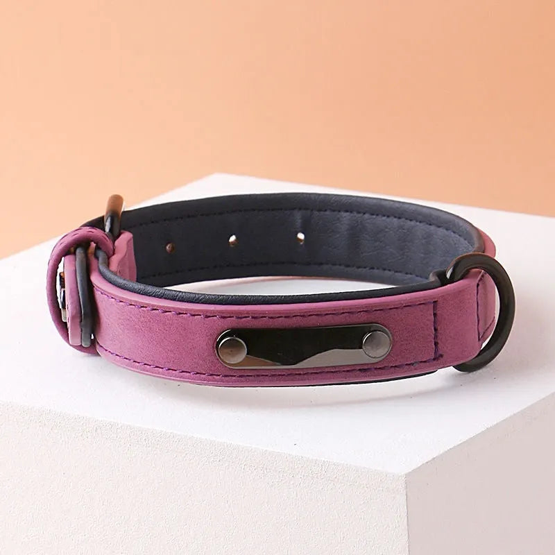 Simple portable anti loss adjustable dog collar in charming purple with double-layer thickening PU front and microfiber back