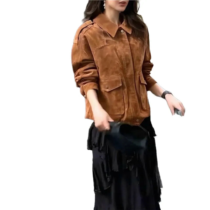 Women's brown suede coat street chic regular sleeve jacket in polyester fabric