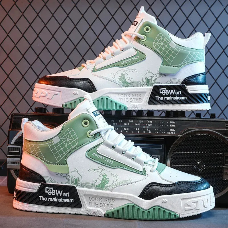 Men's beige and white high-top board shoes with a lace-up front and rubber sole.