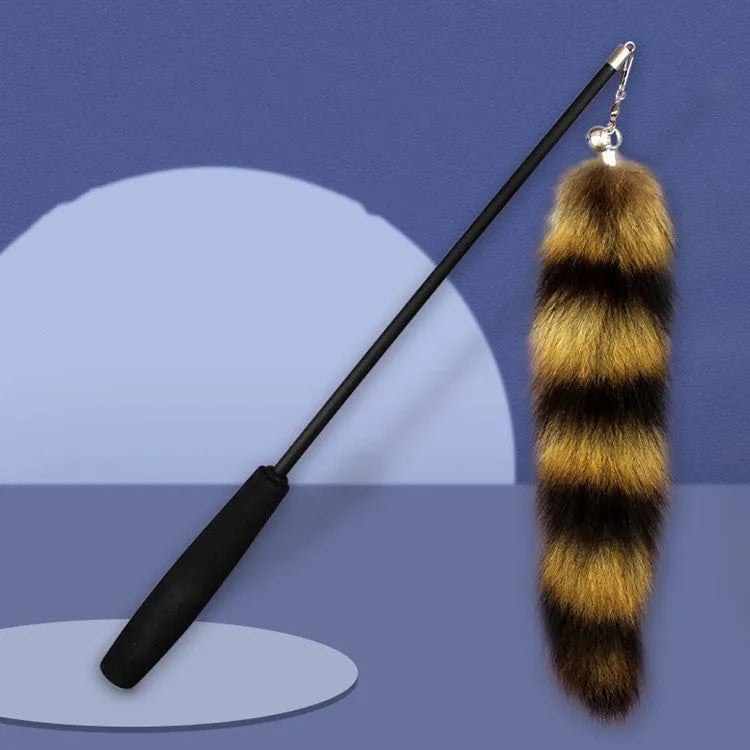 Black cat toy wand with long elastic string, length 42cm.