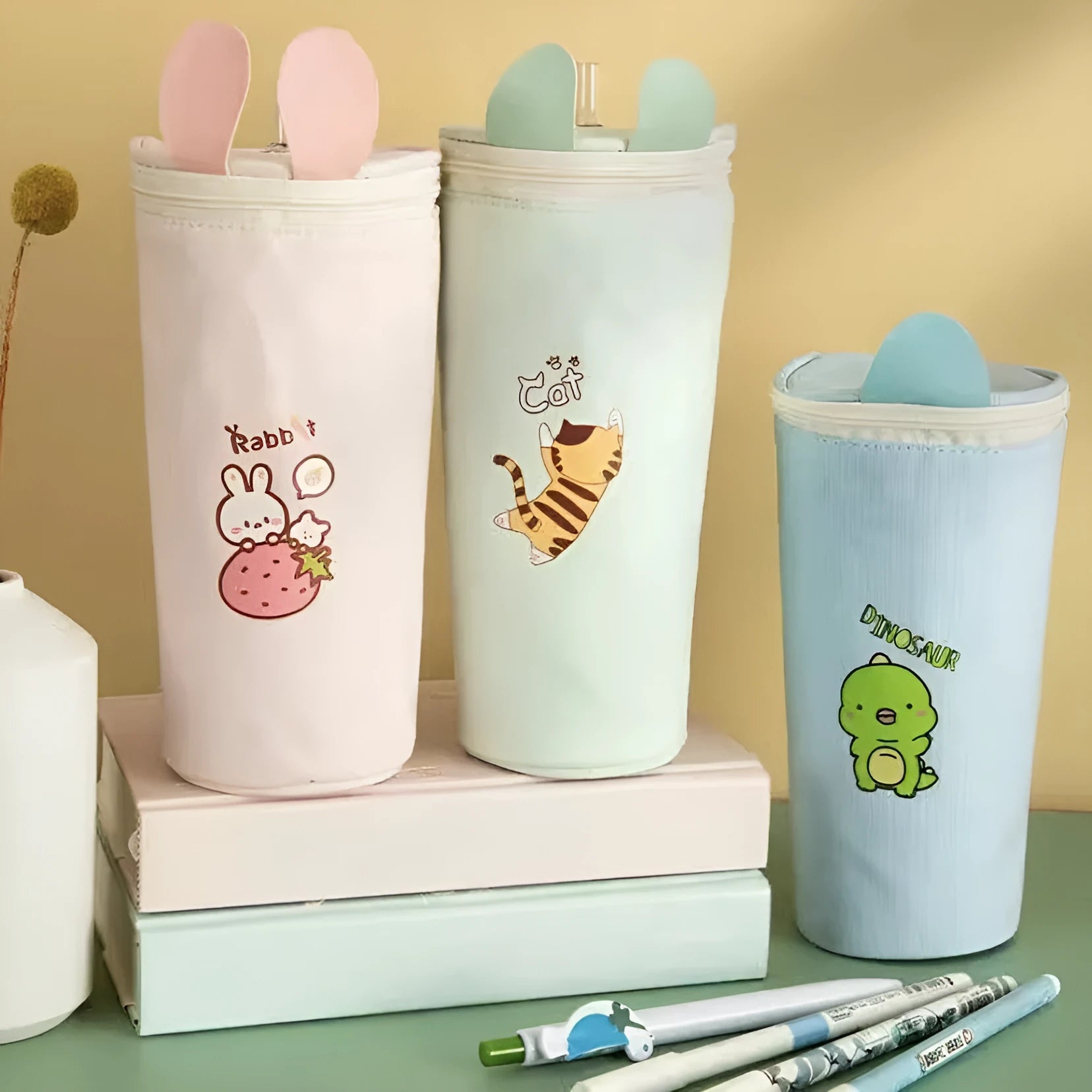 Round canvas pencil bag with cartoon pattern for junior high school pupils, 193x72mm, random colour mixed