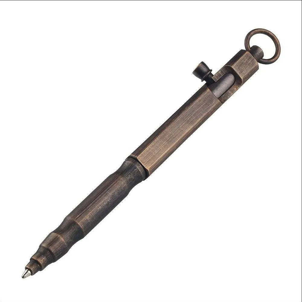 Vintage brass tactical pen with hexagonal bolt shaping, 13cm length, brass natural colour finish
