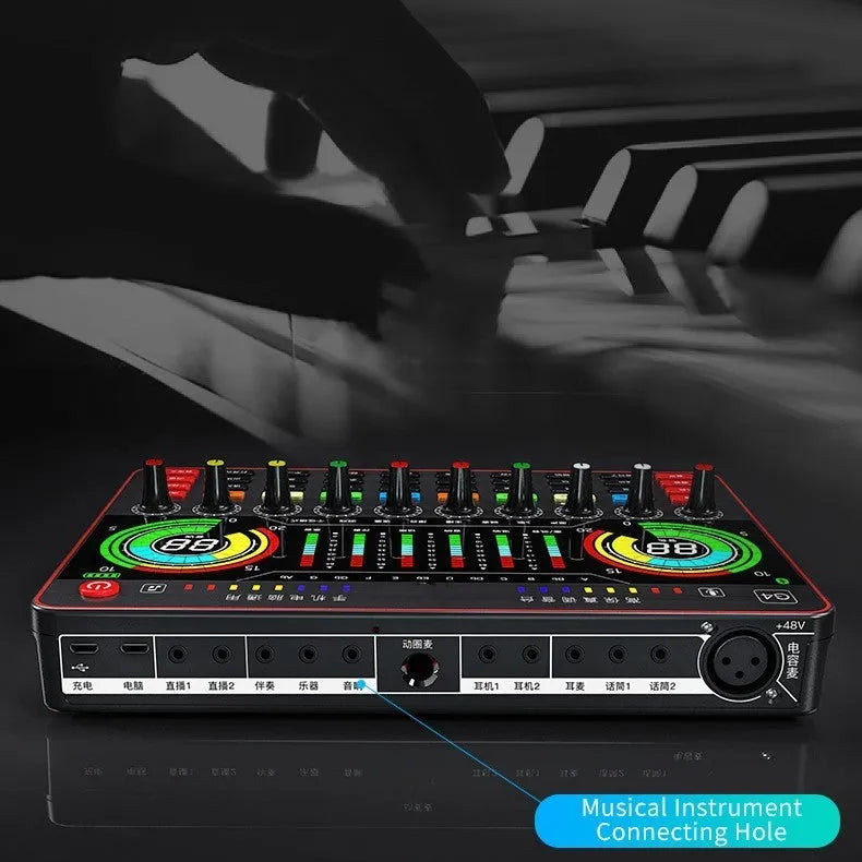 G4 professional live broadcast sound card set with LCD screen, microphone, audio cables, and remote control.