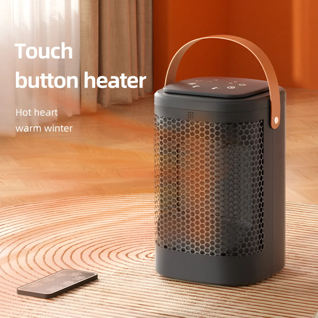 Tall black digital electric radiator heater with touch screen display and remote control on a wooden floor.