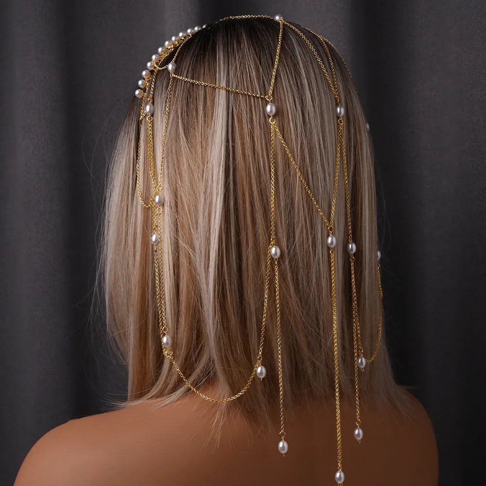 Gold and silver mesh tassel hair chain for women with pearl detailing and electroplated finish