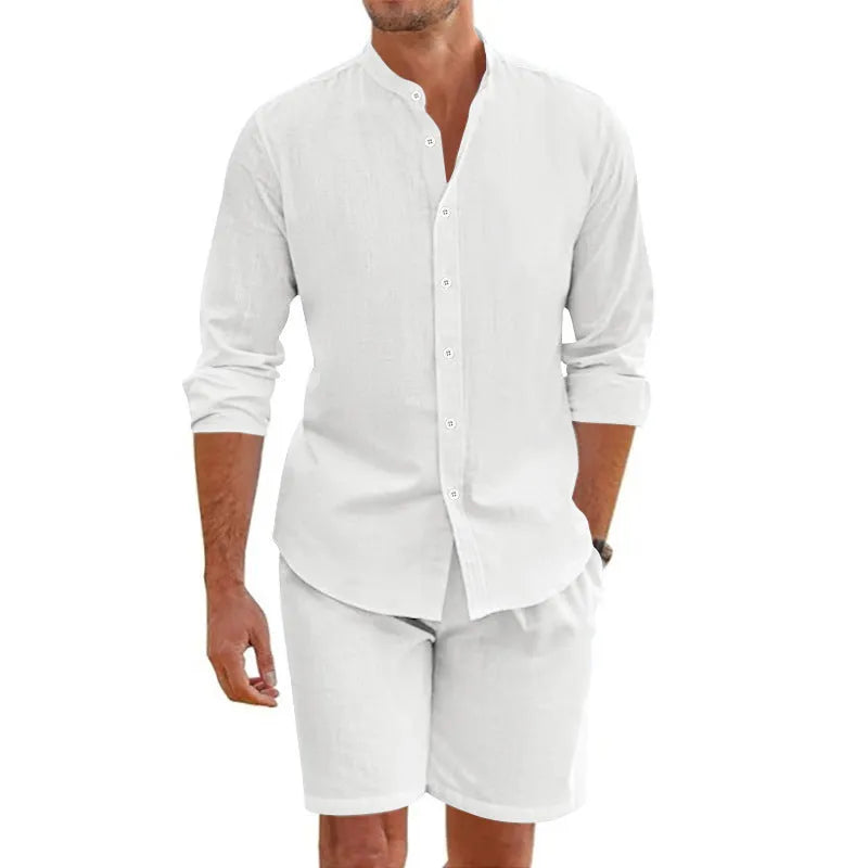 Men's light blue linen blend short sleeve shirt and matching drawstring shorts summer outfit.
