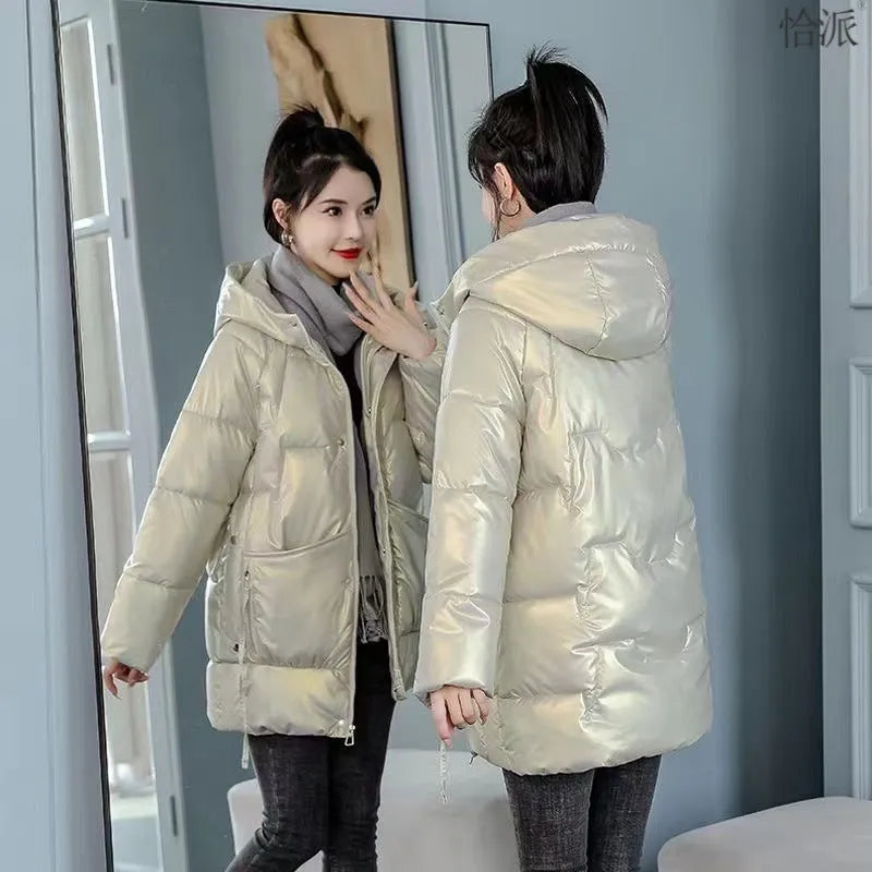 Loose thick hooded winter jacket for women in black, blue, green, or champagne colour