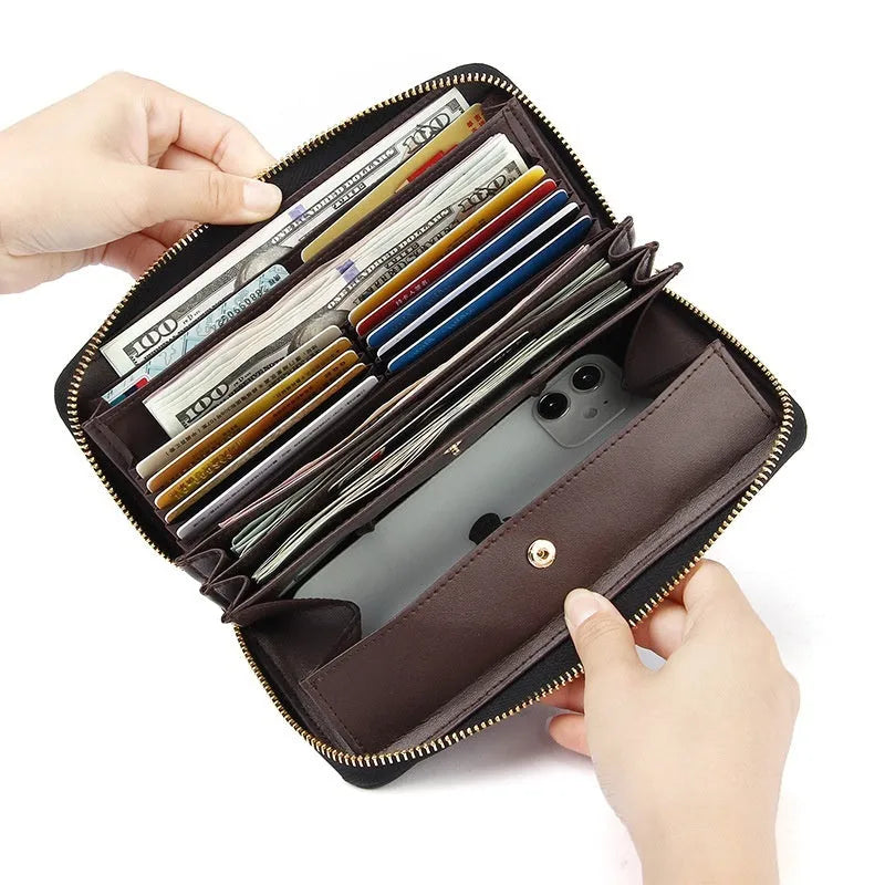 Long genuine leather women's wallet in a choice of solid colours, showing large capacity and anti-theft card swiping function.