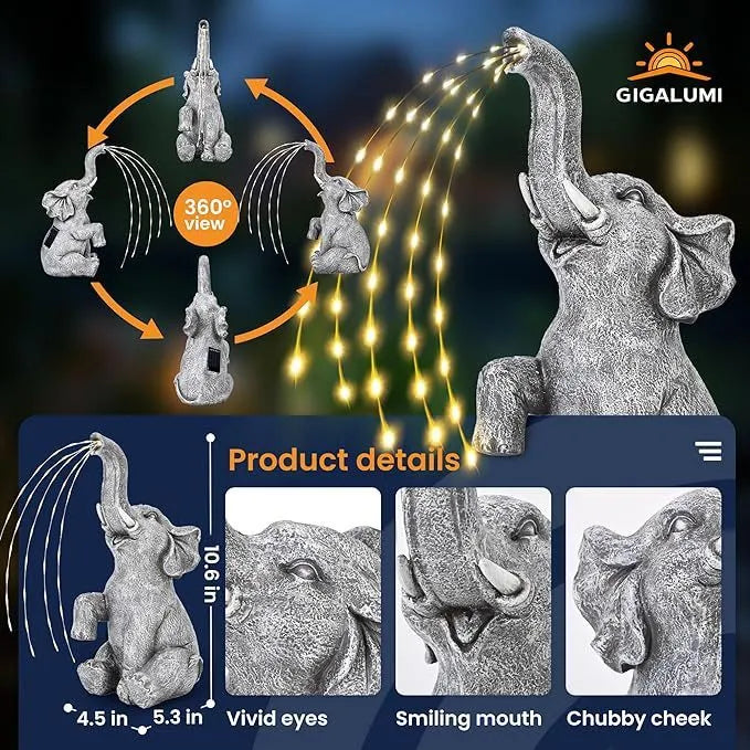 Resin elephant garden sculpture with integrated light strip for outdoor patio or lawn decoration.